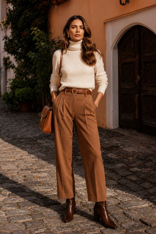 woman dressed in a slim-fit turtleneck in soft cream paired with tailored wide-leg trousers in warm chocolate brown, flat leather ankle boots, and a small structured leather shoulder bag