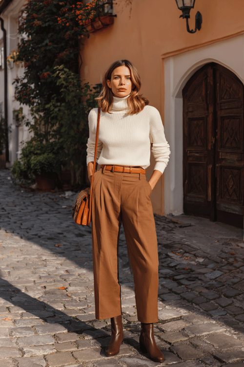 woman dressed in a slim-fit turtleneck in soft cream paired with tailored wide-leg trousers in warm chocolate brown, flat leather ankle boots, and a small structured leather shoulder bag