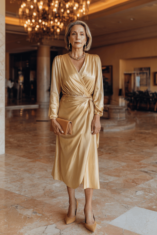 woman in a beautifully draped long-sleeve silk midi dress in warm champagne, accessorized with a slim gold chain belt at the waist, pointed-toe leather pumps in warm tan