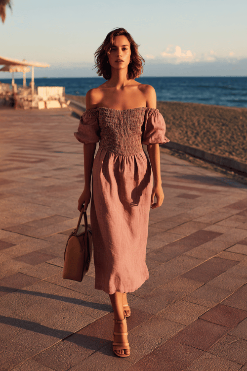 woman in a chic off-shoulder linen midi dress in dusty rose, with subtle ruching at the waist, wearing tan block-heel sandals and carrying a structured leather shoulder bag 