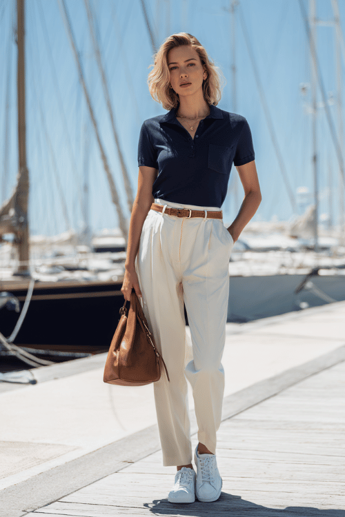 woman in a classic navy blue knit polo shirt tucked into tailored cream straight-leg trousers, wearing white leather sneakers and a tan leather belt, carrying a structured leather bucket bag