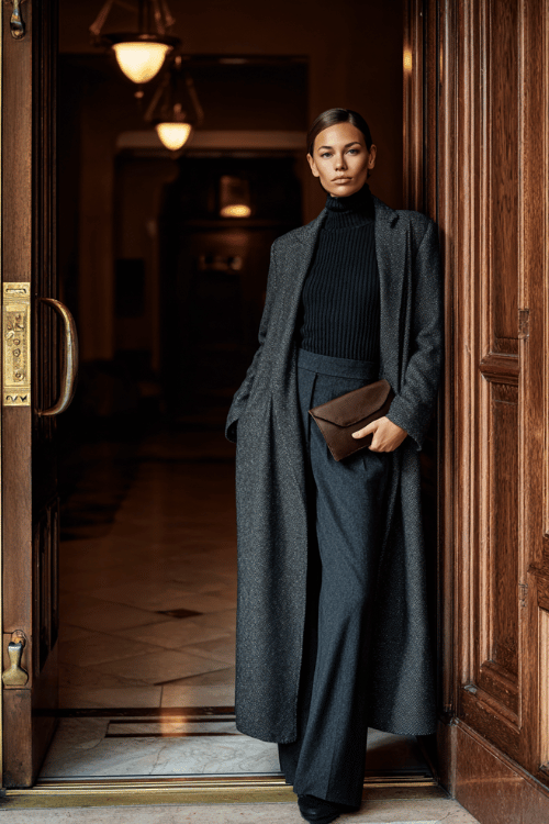 woman in a long tailored charcoal overcoat worn over a ribbed turtleneck and slim dark trousers, carrying a minimalist leather clutch, standing at the entrance of a grand luxury hotel