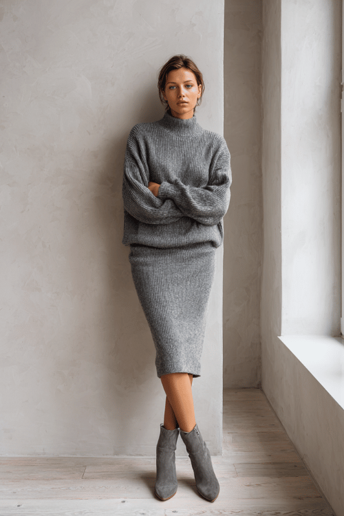 woman in a monochromatic soft grey ensemble fine-knit sweater, tailored midi skirt, and matching grey suede ankle boots standing in a minimalist Scandinavian-style interior