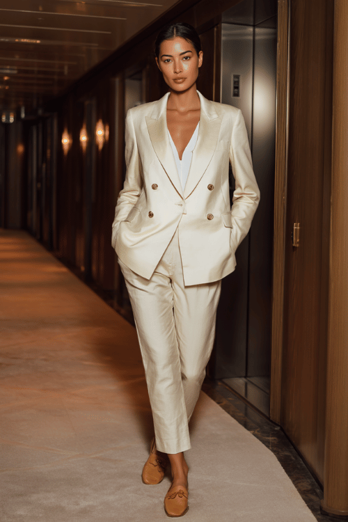woman in a perfectly fitted double-breasted cream blazer suit with straight-cut trousers, a simple white satin blouse underneath, wearing tan leather loafers, standing in a sleek hotel corridor
