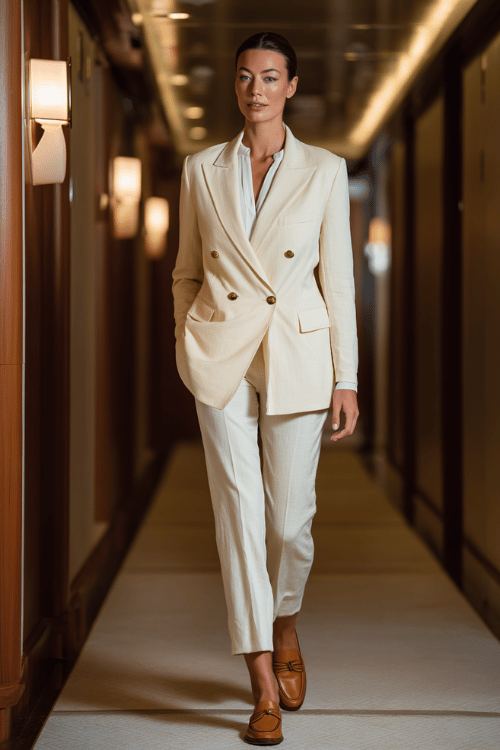 woman in a perfectly fitted double-breasted cream blazer suit with straight-cut trousers, a simple white satin blouse underneath, wearing tan leather loafers