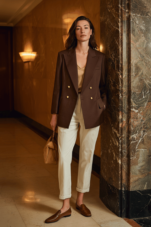 woman in a refined double-breasted wool blazer in warm dark olive paired with tailored cigarette trousers in soft ivory, a simple silk camisole in champagne underneath