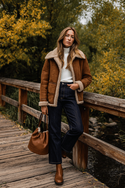 woman in a relaxed oversized shearling-lined suede jacket in warm tan over a simple fitted white turtleneck and straight-leg dark denim jeans, wearing flat cognac leather Chelsea boots
