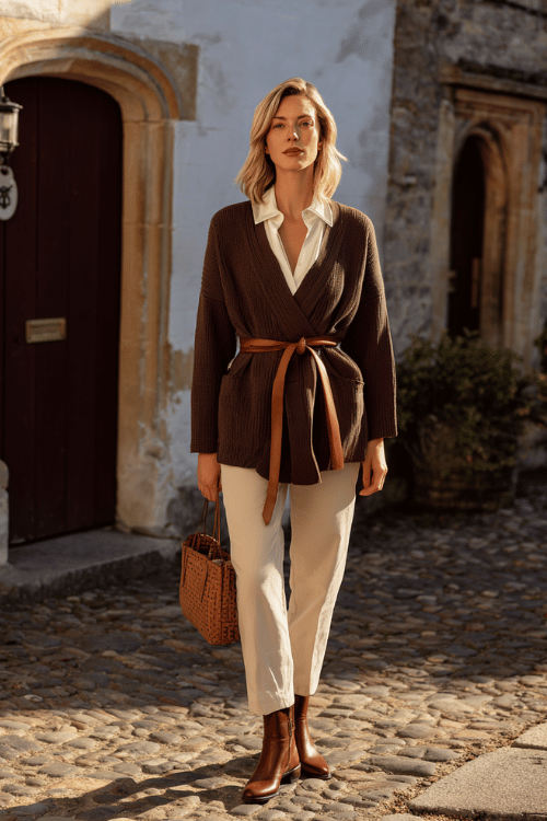 woman in a relaxed yet polished cashmere wrap cardigan in warm chocolate brown belted loosely at the waist over a fitted silk blouse in soft cream