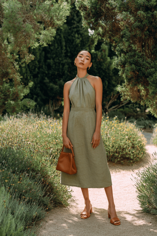 woman in a sophisticated halter-neck midi dress in muted sage linen, with a subtle A-line silhouette and minimal seam detailing, paired with tan leather block-heel sandals 