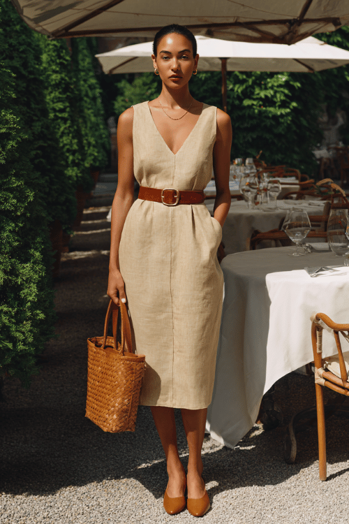 woman in a tailored linen midi dress in warm oatmeal, cinched with a thin leather belt, wearing pointed-toe leather mules in camel, carrying a woven leather tote bag