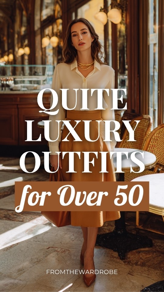 woman over 50 wearing a quite luxury outfit with a tailored A-line midi skirt in warm camel, a fitted long-sleeve silk blouse in soft ivory.png