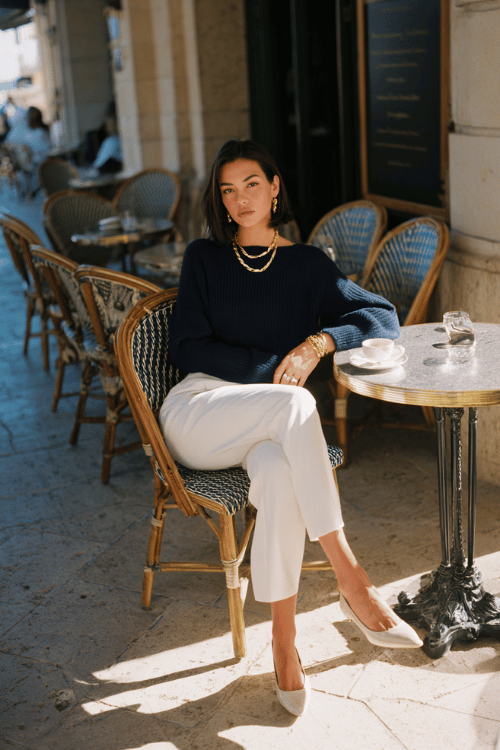 woman sitting at an upscale outdoor café wearing a navy sweater draped over shoulders, white trousers, ballet flats, and gold jewelry. European old money aesthetic