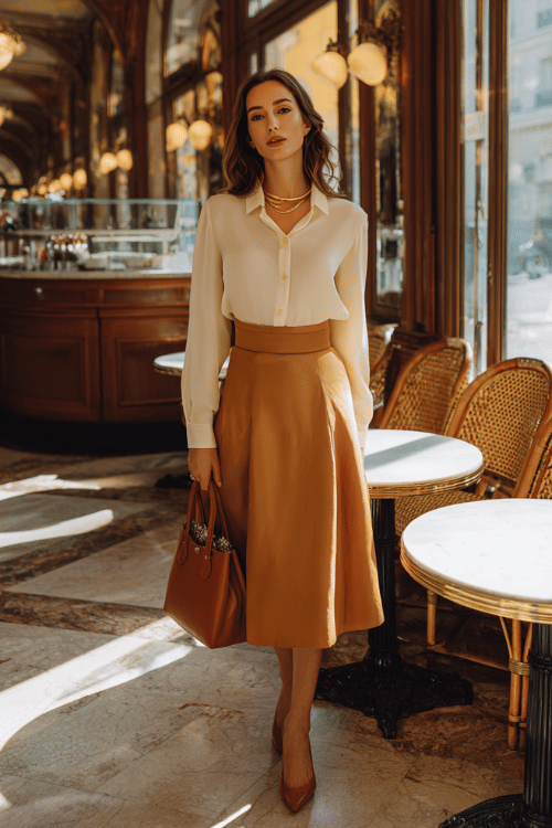 woman wearing a beautifully tailored A-line midi skirt in warm camel wool paired with a fitted long-sleeve silk blouse in soft ivory, accessorized with a thin gold chain necklace
