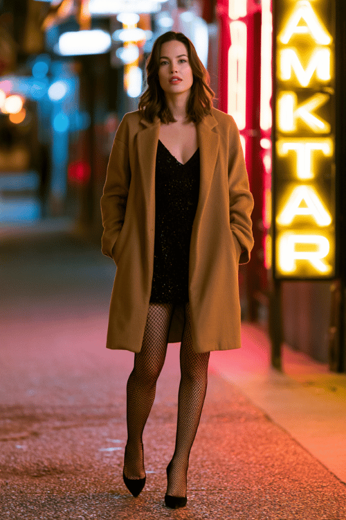 woman wearing a black sequin mini dress under an oversized camel coat, black fishnet tights, and black pointed-toe pumps, walking along a neon-lit-street outside a cocktail bar