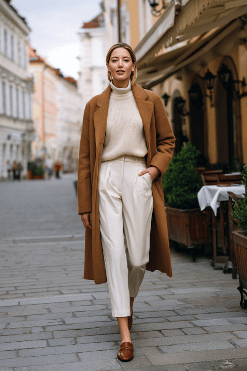 woman wearing a camel wool coat, ivory cashmere sweater, tailored cream trousers, and brown leather loafers, walking through an elegant European city street 