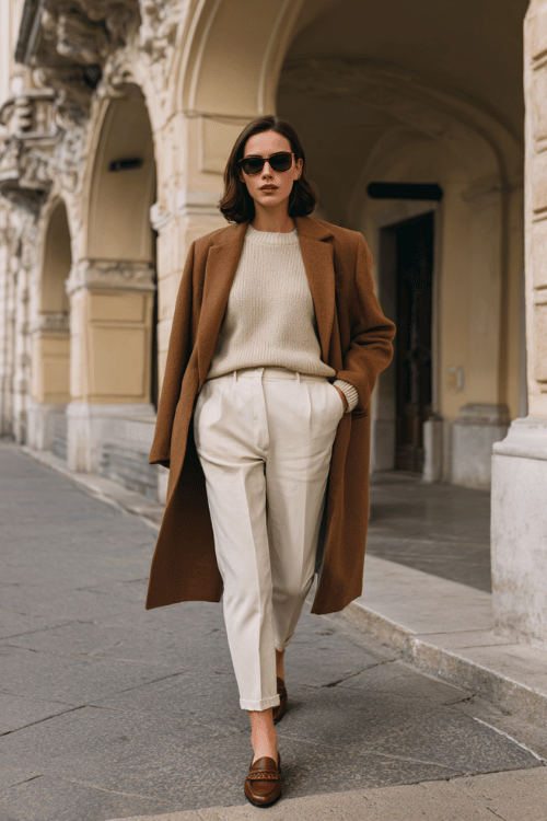 woman wearing a camel wool coat, ivory cashmere sweater, tailored cream trousers, and brown leather loafers, walking through an elegant European city street