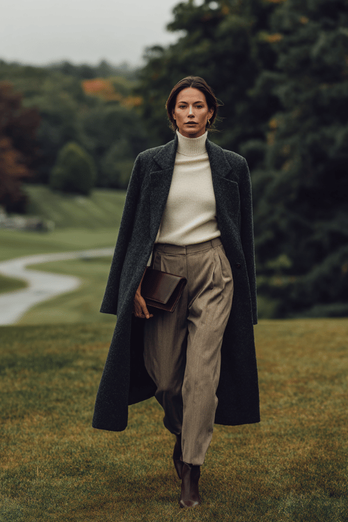 woman wearing a floor-length wool wrap coat in deep charcoal over a fine-knit cream sweater and tailored straight-leg trousers in warm stone, paired with pointed-toe ankle boots
