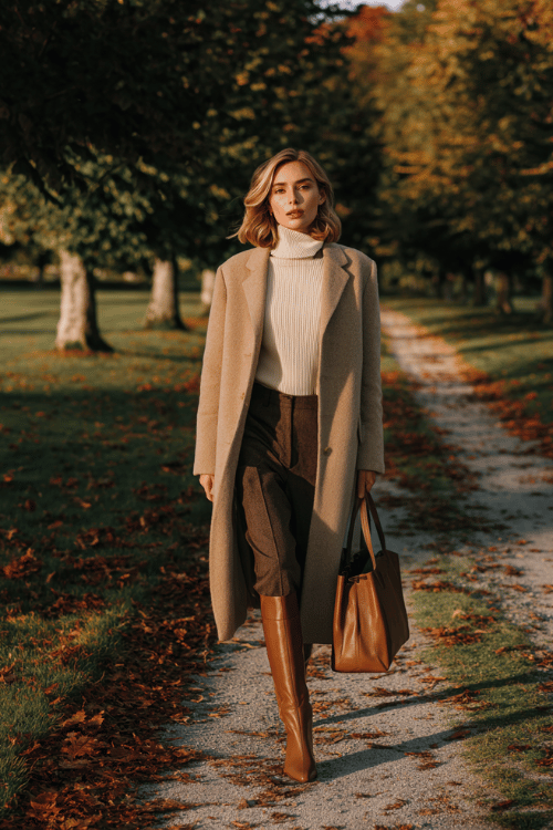woman wearing a long tailored wool coat in warm camel over a fine-knit ribbed turtleneck in ivory and slim-fit dark brown trousers, paired with knee-high cognac leather boots 