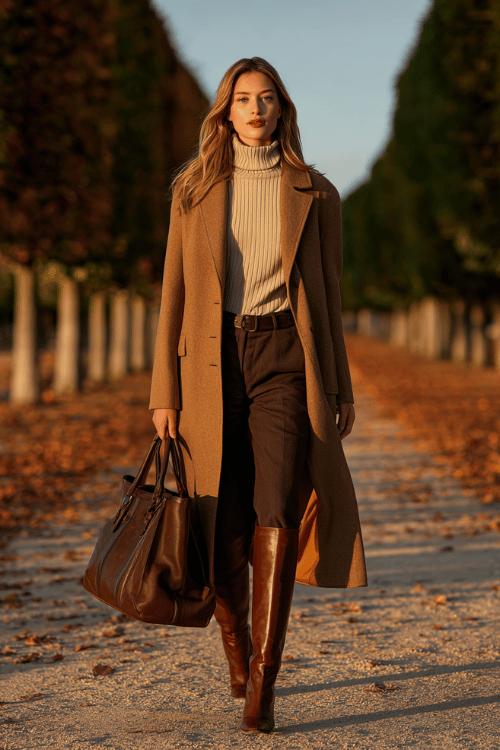 woman wearing a long tailored wool coat in warm camel over a fine-knit ribbed turtleneck in ivory and slim-fit dark brown trousers, paired with knee-high cognac leather boots