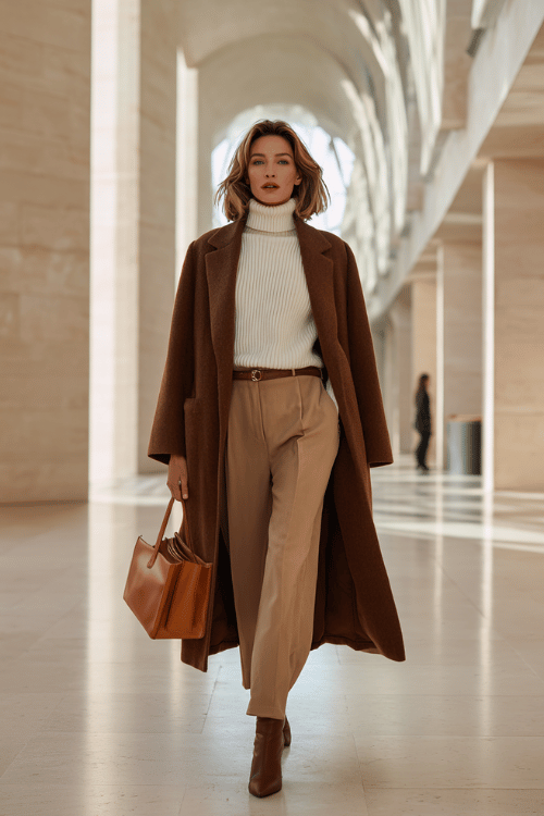 woman wearing a luxurious longline cashmere coat in warm mushroom brown over a fitted ribbed turtleneck in soft cream and tailored straight-leg trousers in warm sand