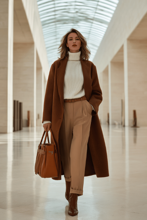 woman wearing a luxurious longline cashmere coat in warm mushroom brown over a fitted ribbed turtleneck in soft cream and tailored straight-leg trousers in warm sand 
