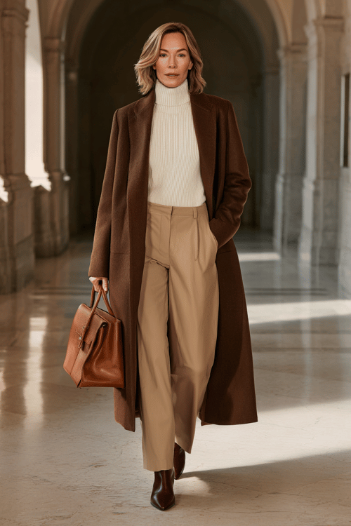 woman wearing a luxurious longline cashmere coat in warm mushroom brown over a fitted ribbed turtleneck in soft cream and tailored straight-leg trousers in warm sand