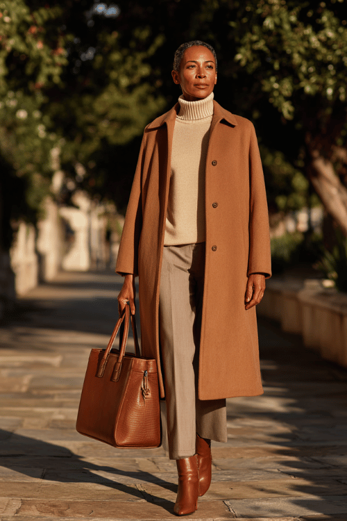woman wearing a perfectly tailored longline wool overcoat in warm camel over a fine ribbed cashmere turtleneck in soft ivory and slim-fit straight-leg trousers in warm stone grey