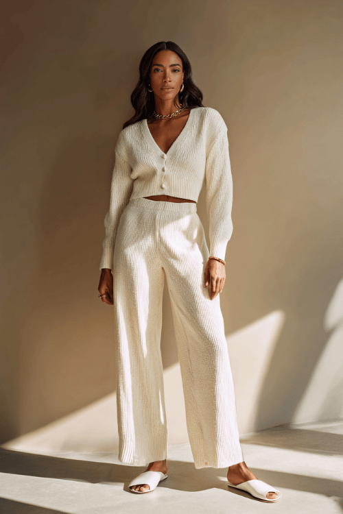 woman wearing a refined ivory knit co-ord set cropped cardigan and wide-leg trousers paired with simple white leather mules and a gold cuff bracelet