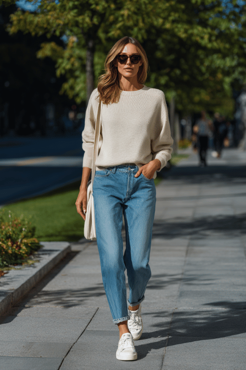 woman wearing a relaxed cashmere crewneck sweater in soft oatmeal tucked loosely into tailored straight-leg jeans in a clean mid-blue wash, paired with white leather sneakers