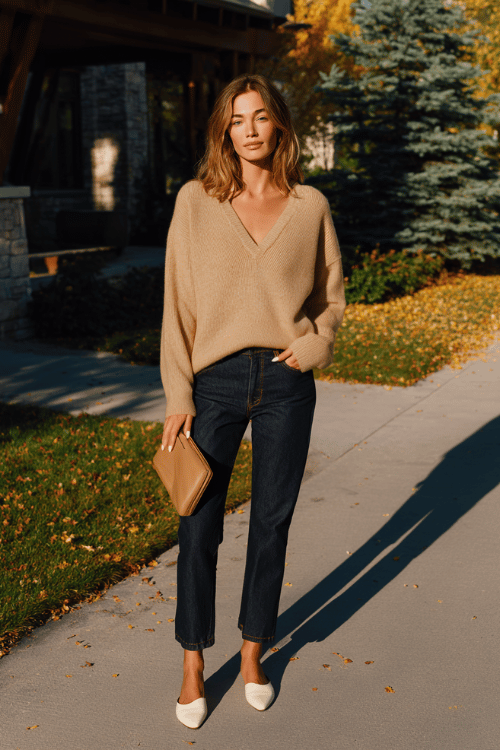 woman wearing a relaxed oversized cashmere v-neck sweater in warm camel draped over tailored straight-leg dark denim jeans, paired with simple white leather ballet flats
