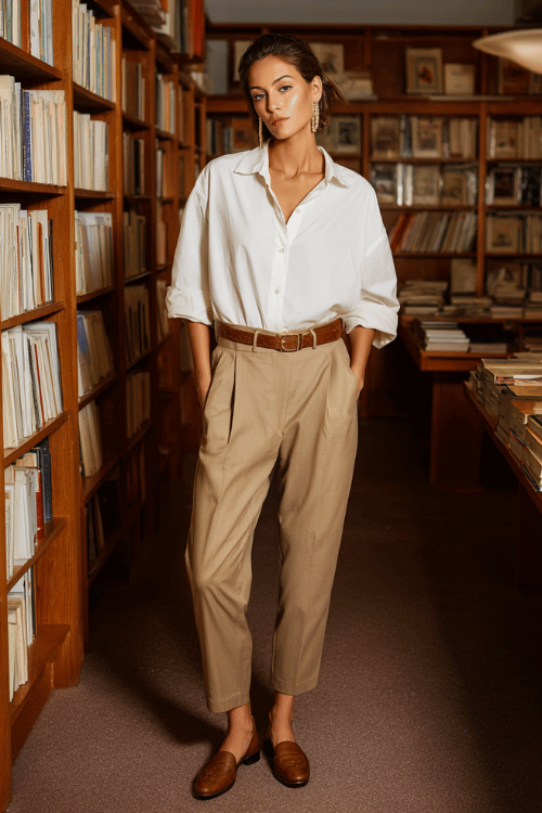 woman wearing a soft white oversized button-down shirt tucked into high-waisted tailored trousers in warm stone grey, accessorized with a slim leather belt, simple gold stud earrings