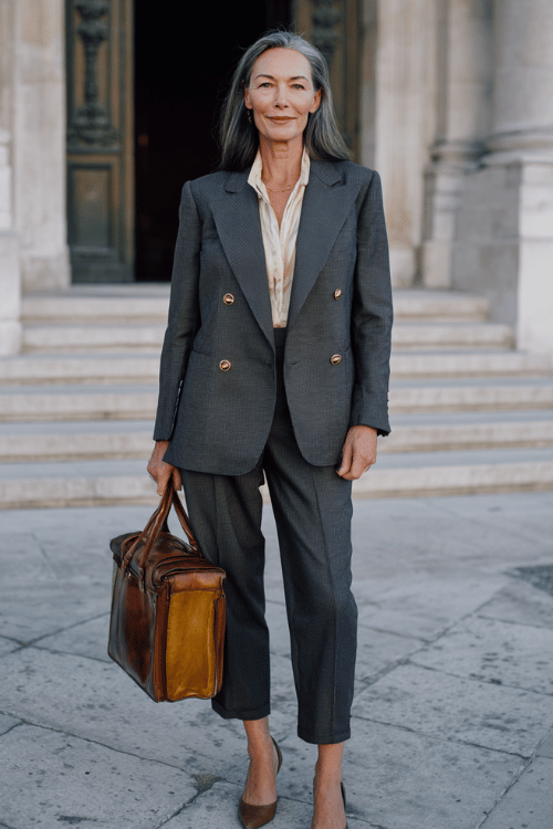 woman wearing a sophisticated double-breasted blazer suit in deep charcoal grey structured blazer and straight-leg trousers over a crisp silk blouse in soft ivory 
