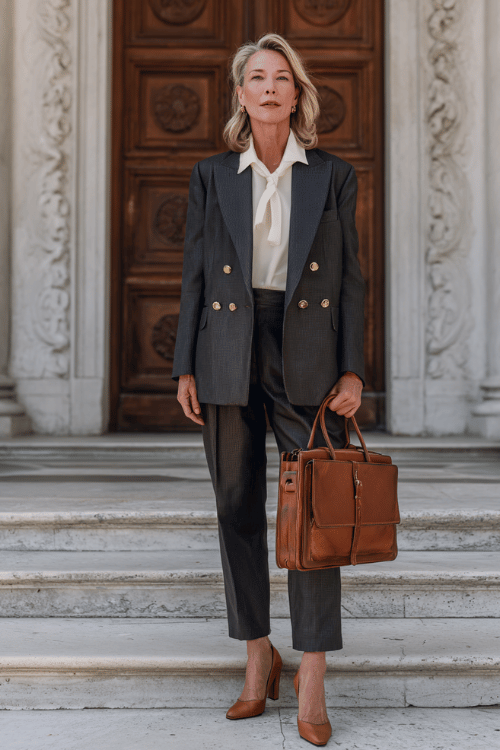 woman wearing a sophisticated double-breasted blazer suit in deep charcoal grey structured blazer and straight-leg trousers over a crisp silk blouse in soft ivory 