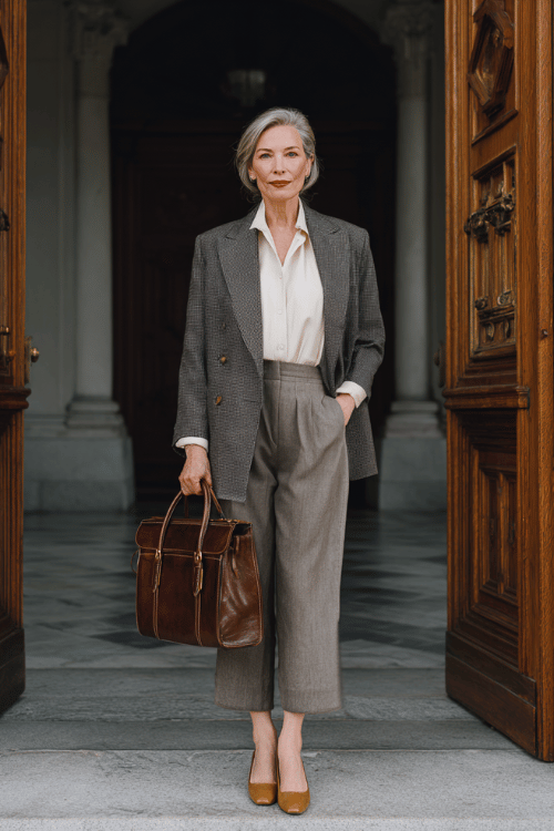 woman wearing a sophisticated double-breasted blazer suit in deep charcoal grey structured blazer and straight-leg trousers over a crisp silk blouse in soft ivory