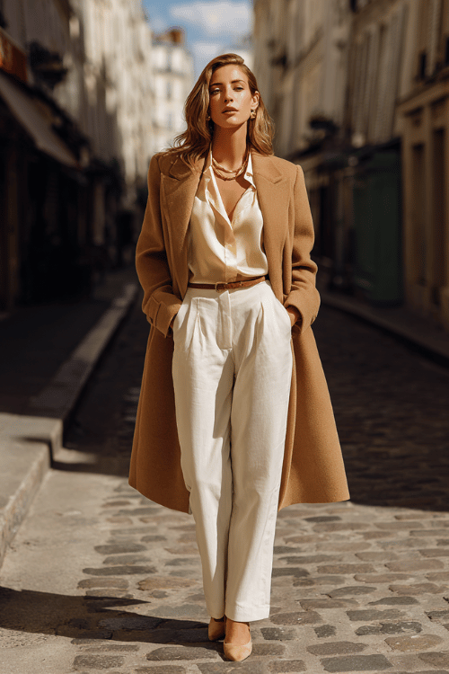 woman wearing a tailored camel wool coat over a cream silk blouse and straight-leg ivory trousers, minimal gold jewelry, standing on a sunlit cobblestone street in Paris
