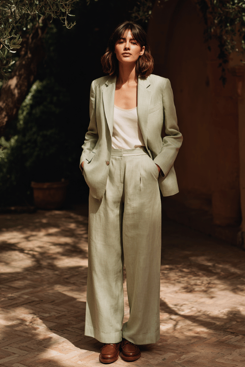 woman wearing a tailored linen blazer in soft sage green over a matching wide-leg linen trouser, a simple white tank underneath, wearing leather loafers