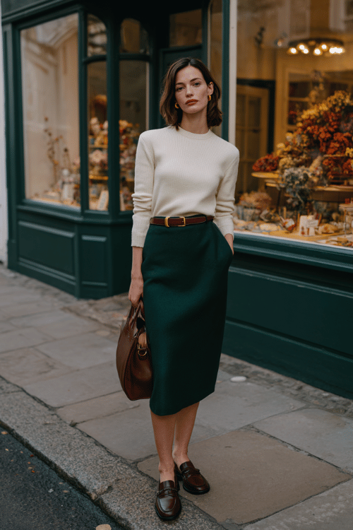 woman wearing a tailored wool midi skirt in deep forest green paired with a fitted cashmere crewneck sweater in warm cream, accessorized with a thin leather belt, gold stud earrings