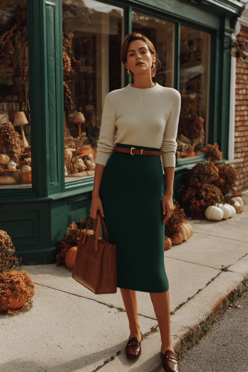 woman wearing a tailored wool midi skirt in deep forest green paired with a fitted cashmere crewneck sweater in warm cream, accessorized with a thin leather belt