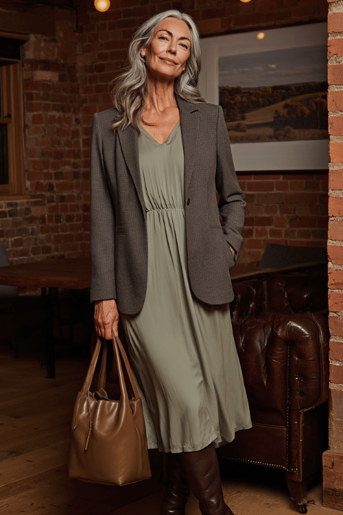 woman with silver-streaked hair in a soft sage green long-sleeve midi dress with a defined waist and flowing skirt, layered with a tailored charcoal grey blazer