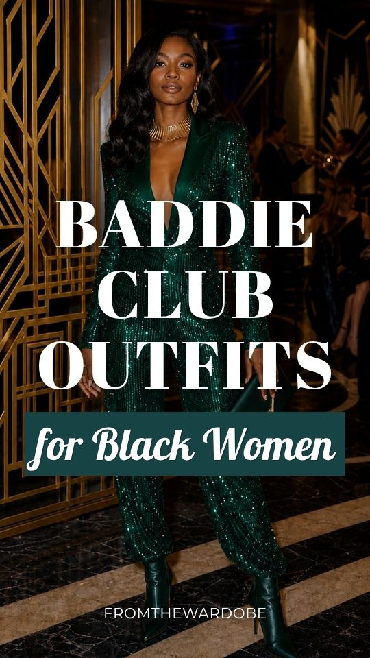 A Black woman wears a baddie club outfit with a green sequined jumpsuit, statement necklace, and green ankle boots