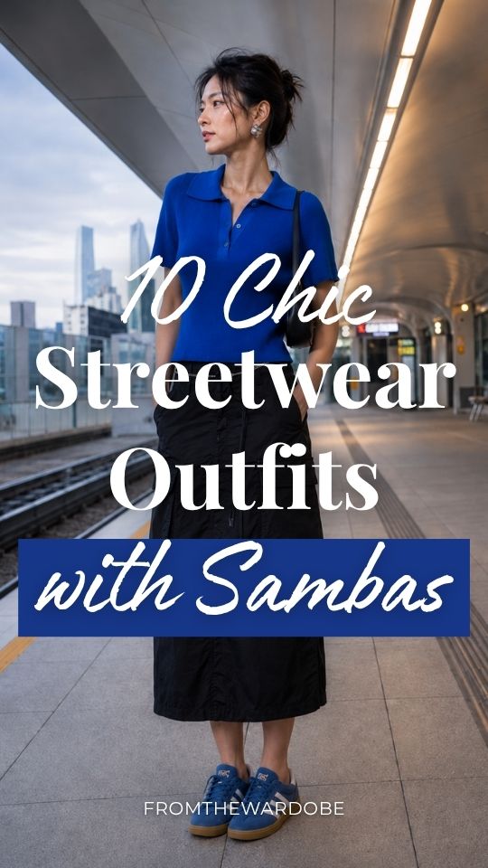 A woman in a streetwear outfit with Sambas, a blue polo shirt, black cargo midi skirt, shoulder bag