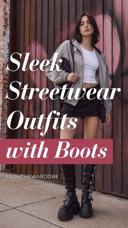 A woman in a streetwear outfit with boots, a white cropped tank top, gray jacket, black mini skirt, shoulder bag