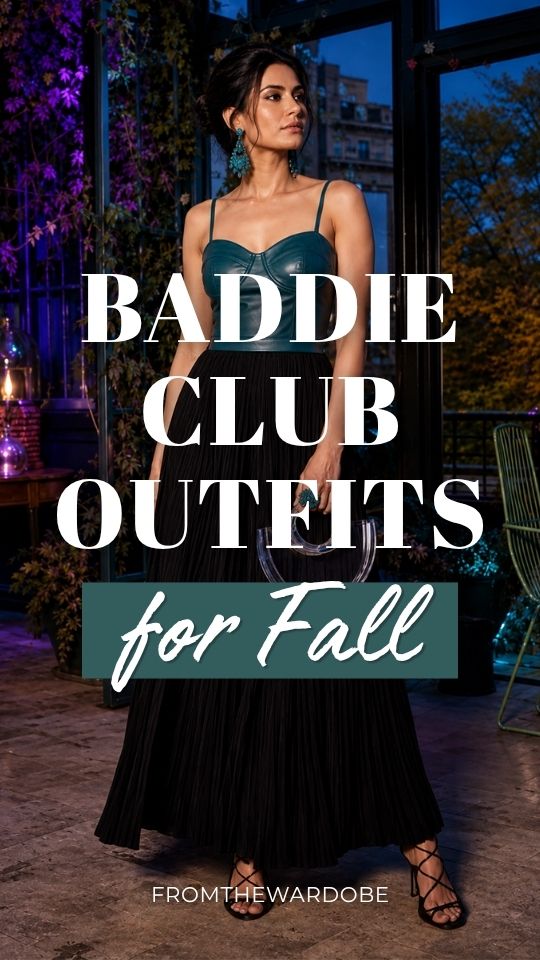 A woman wears a baddie club outfit for fall with a teal corset top, black pleated maxi skirt, statement earrings, and strappy heels