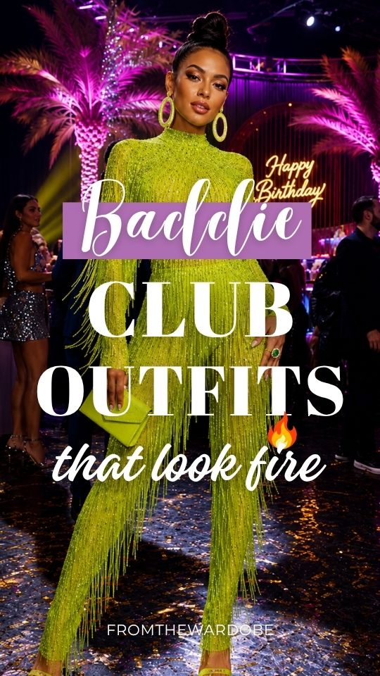 A woman wears a baddie club outfit with a neon green fringed jumpsuit, hoop earrings, and strappy heels