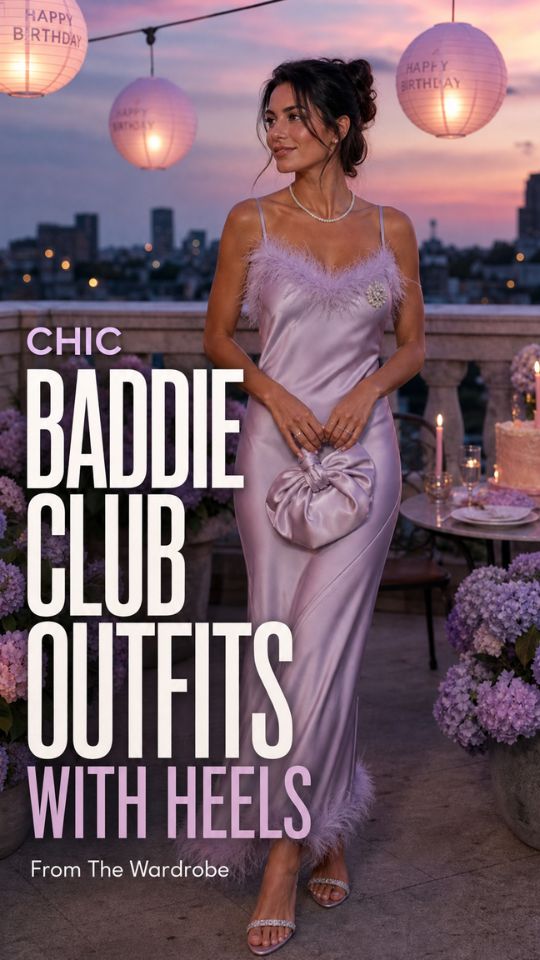 A woman wears a baddie club outfit with heels, lavender satin slip dress with feather-trimmed trim, paired with a ruched clutch