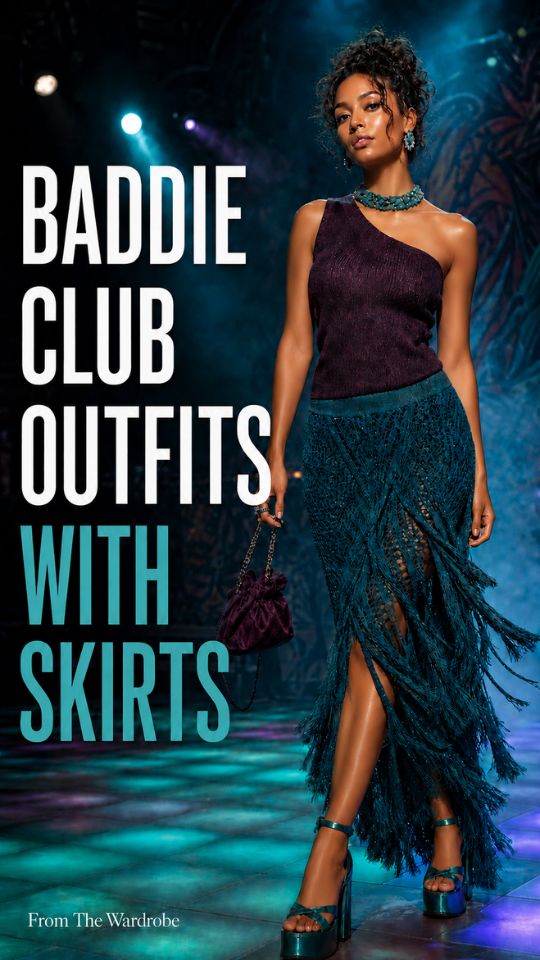 A woman wears a baddie club outfits with skirt, a burgundy one-shoulder top, platform sandals, statement jewelry