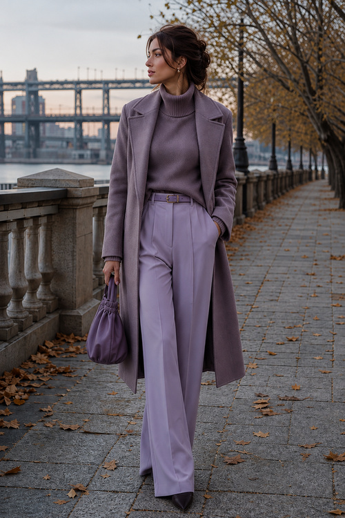 A woman wears a lavender coat with matching trousers and a turtleneck.