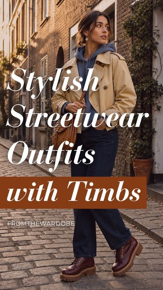 A woman wears a streetwear outfit with Timbs, a blue hoodie, beige cropped trench jacket, dark jeans