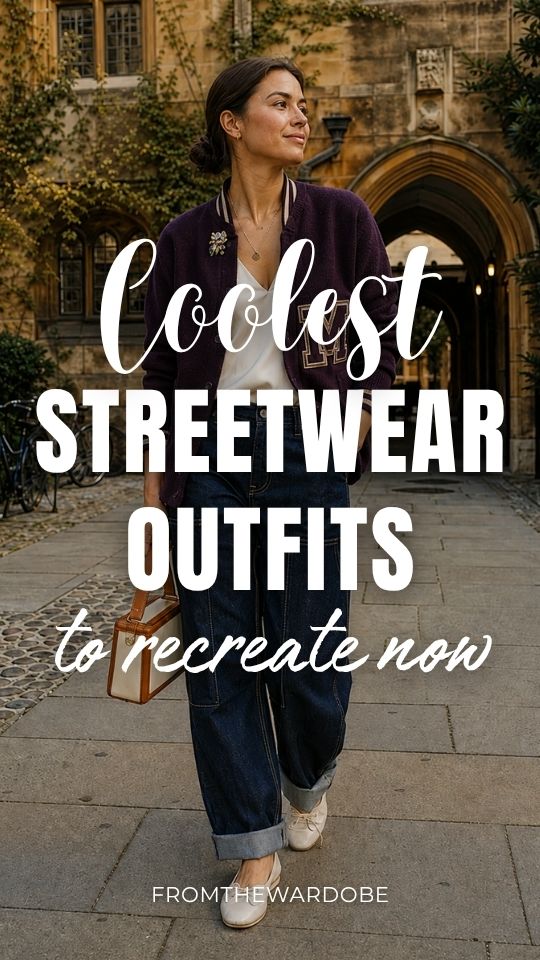 A woman wears a streetwear outfit with a plum jacket, white top, cuffed dark jeans, and white sneakers
