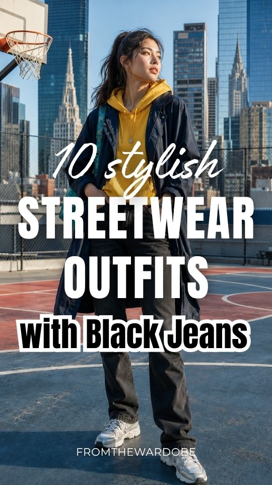 A woman wears a streetwear outfit with black jeans, a yellow hoodie, black jacket, and white sneakers
